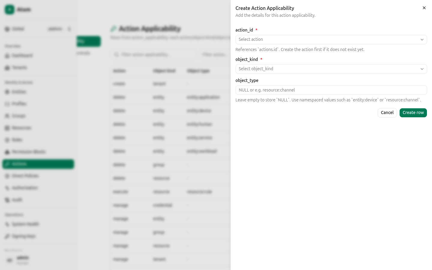 Action Applicability create dialog